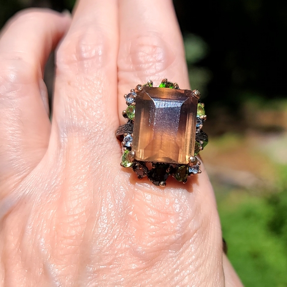 HUGE 33k Fluorite Peridot Crome Diopside Aquamarine Topaz ring sz 8.5